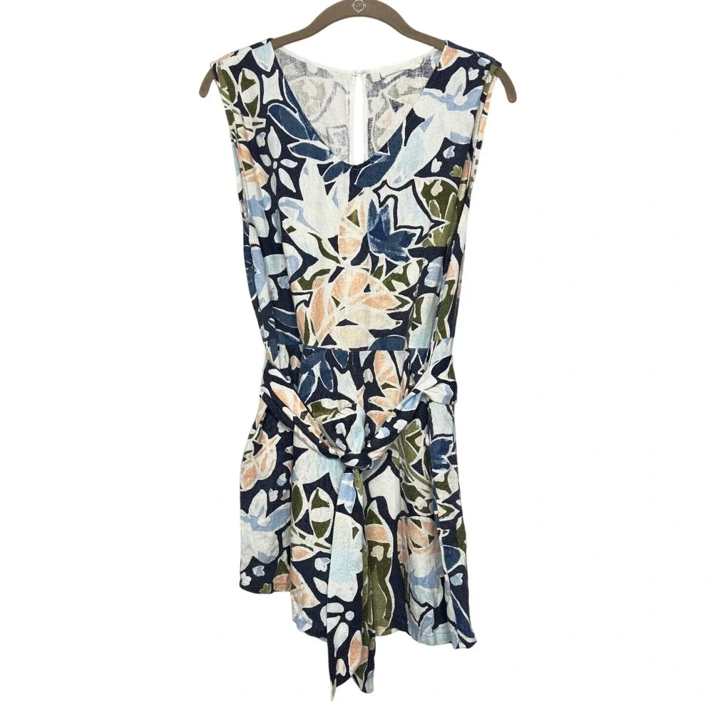 Lush Floral Print Sleeveless Linen Blend Romper with‎ Tie Waist Casual Chic sz L